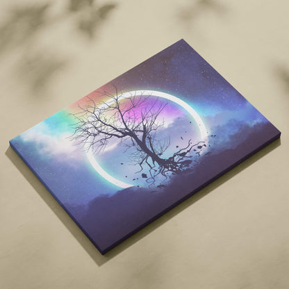 Rectangular canvas wall art featuring a black tree silhouette against a vibrant cosmic rainbow aurora night sky background