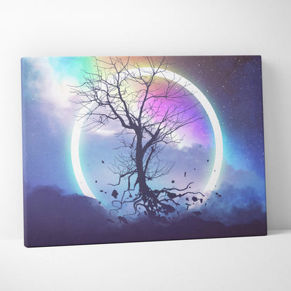 A vibrant canvas wall art featuring a black tree silhouette against a cosmic rainbow aurora night sky background