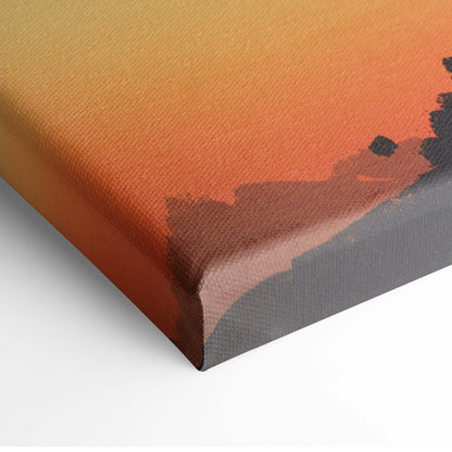 Canvas print featuring a gradient sunset sky with rocky terrain silhouettes titled golden dystopian journey wall decor