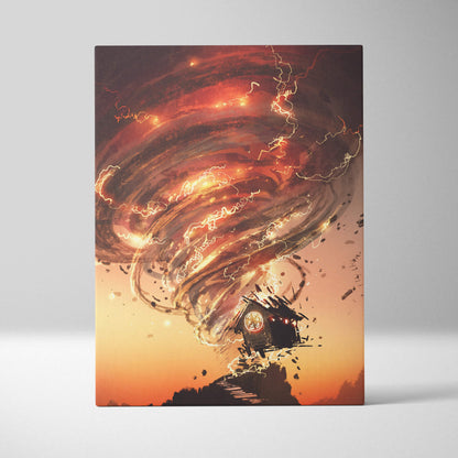 A canvas print of a fiery tornado swirling around a small house on a cliff at sunset for dramatic wall decor