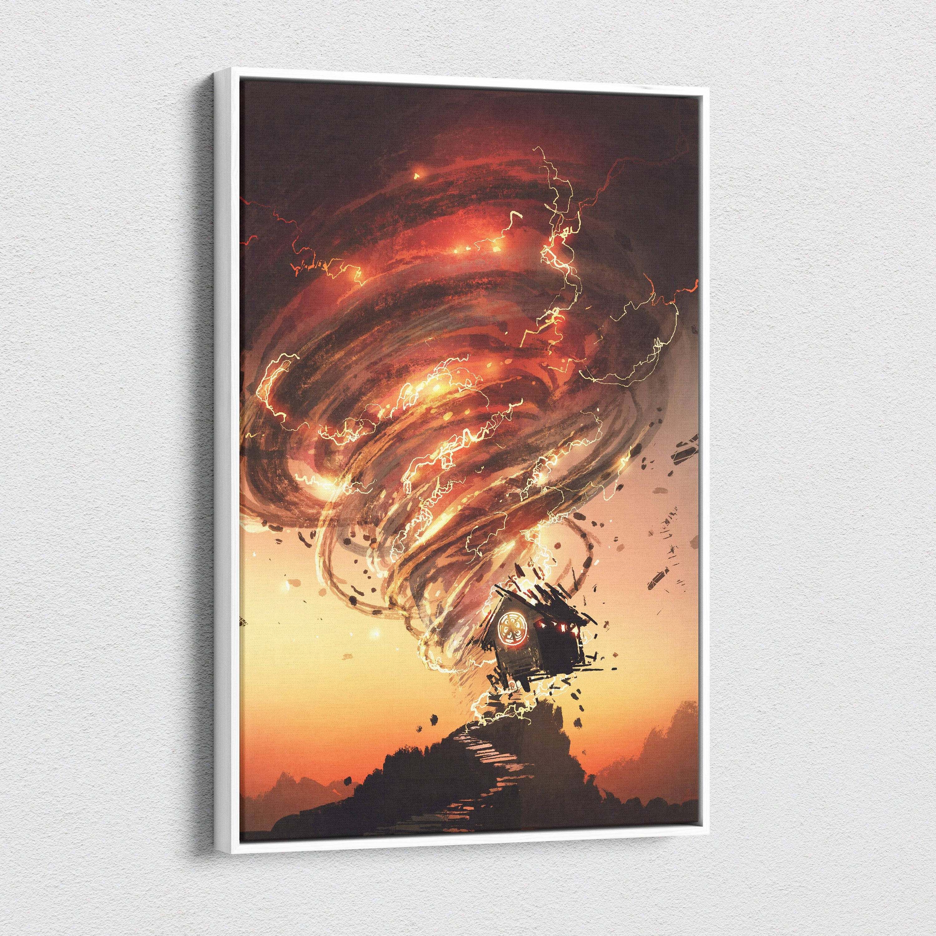 A framed canvas print of a fiery tornado over a house at sunset titled golden dystopian journey wall decor