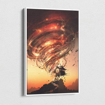 A framed canvas print of a fiery tornado over a house at sunset titled golden dystopian journey wall decor
