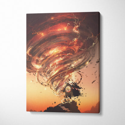 Vibrant fiery tornado canvas print in orange and red with a small house swept away by storm clouds and lightning bolts