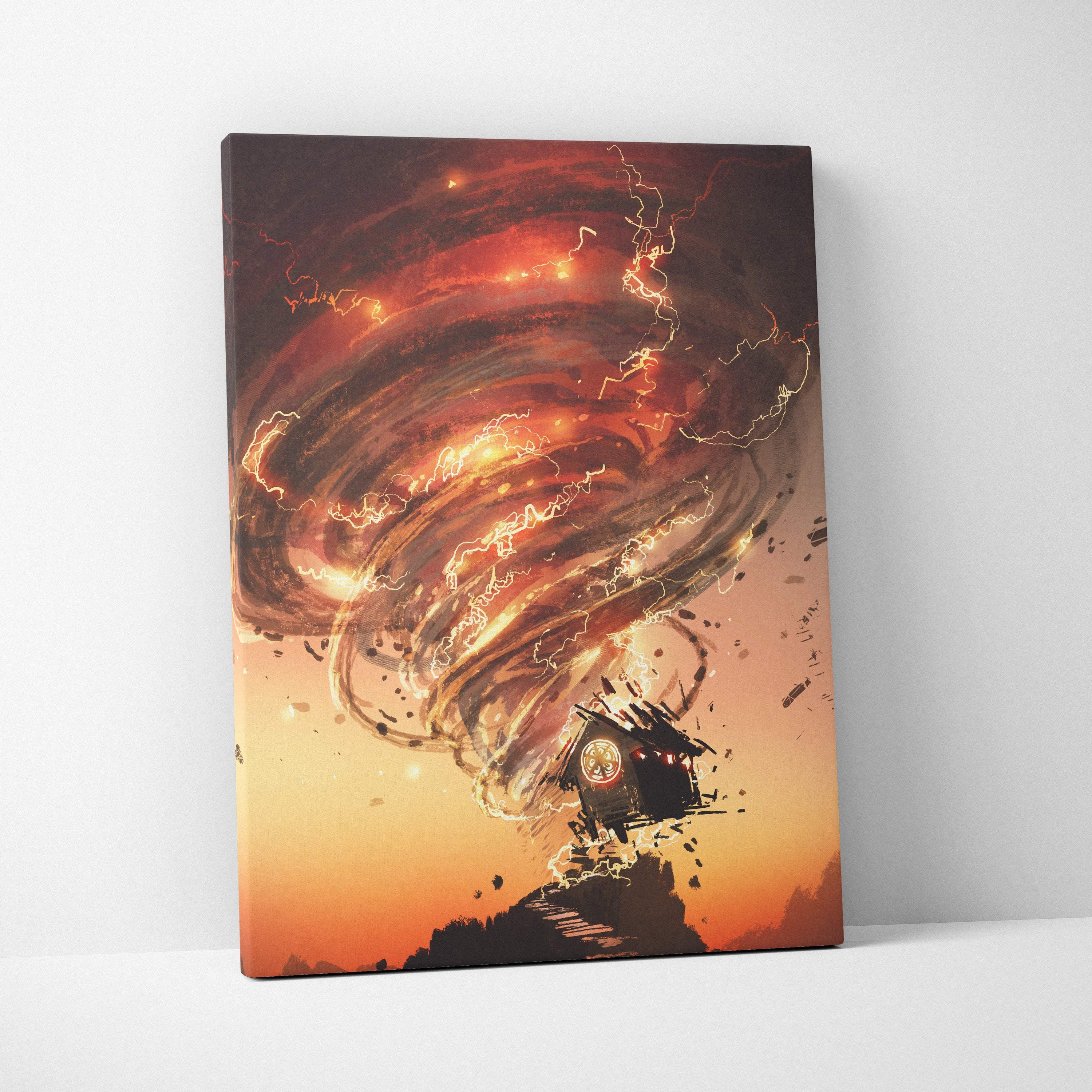 Canvas print of a fiery tornado engulfing a small house with lightning against an orange red sky in a dystopian cityscape