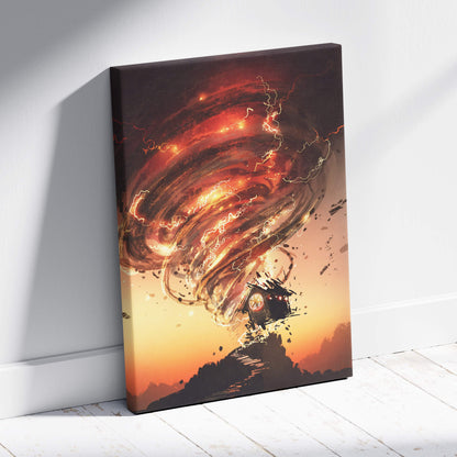 A vibrant canvas print of a fiery tornado house with lightning in an orange sky from golden dystopian journey art