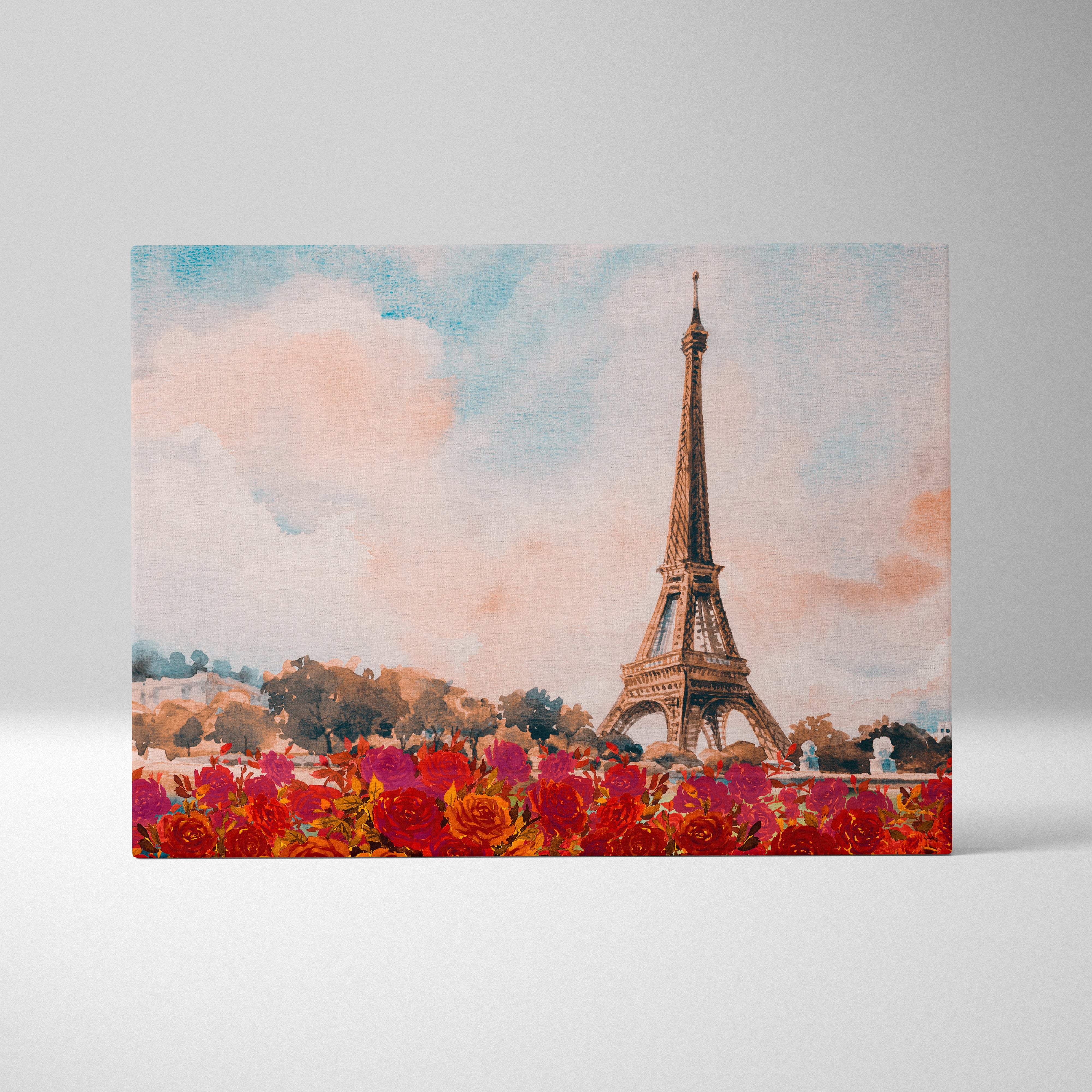 Watercolor painting of the eiffel tower with vibrant red and orange roses on canvas for chic french bedroom decor