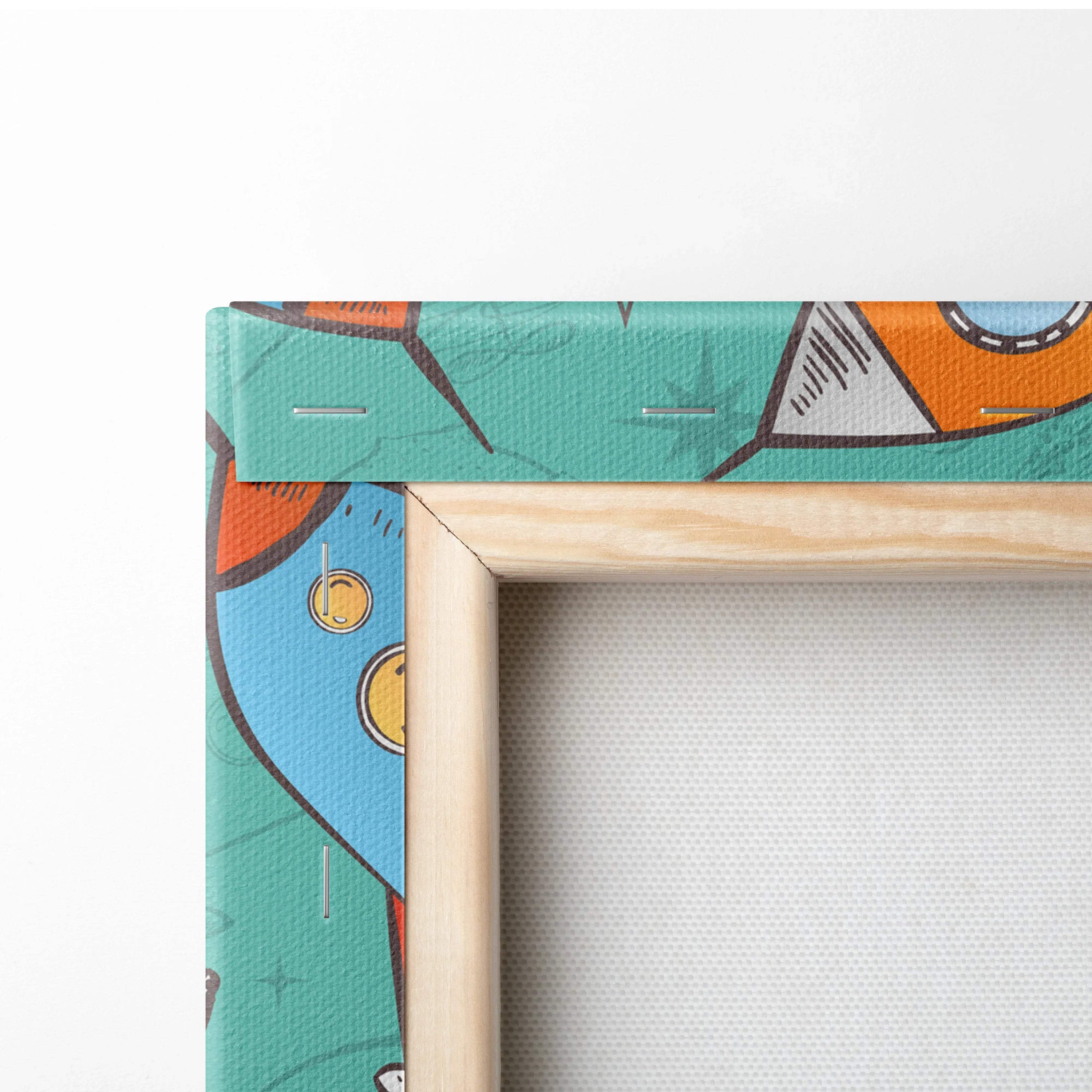Colorful retro rocket canvas print in light wood frame