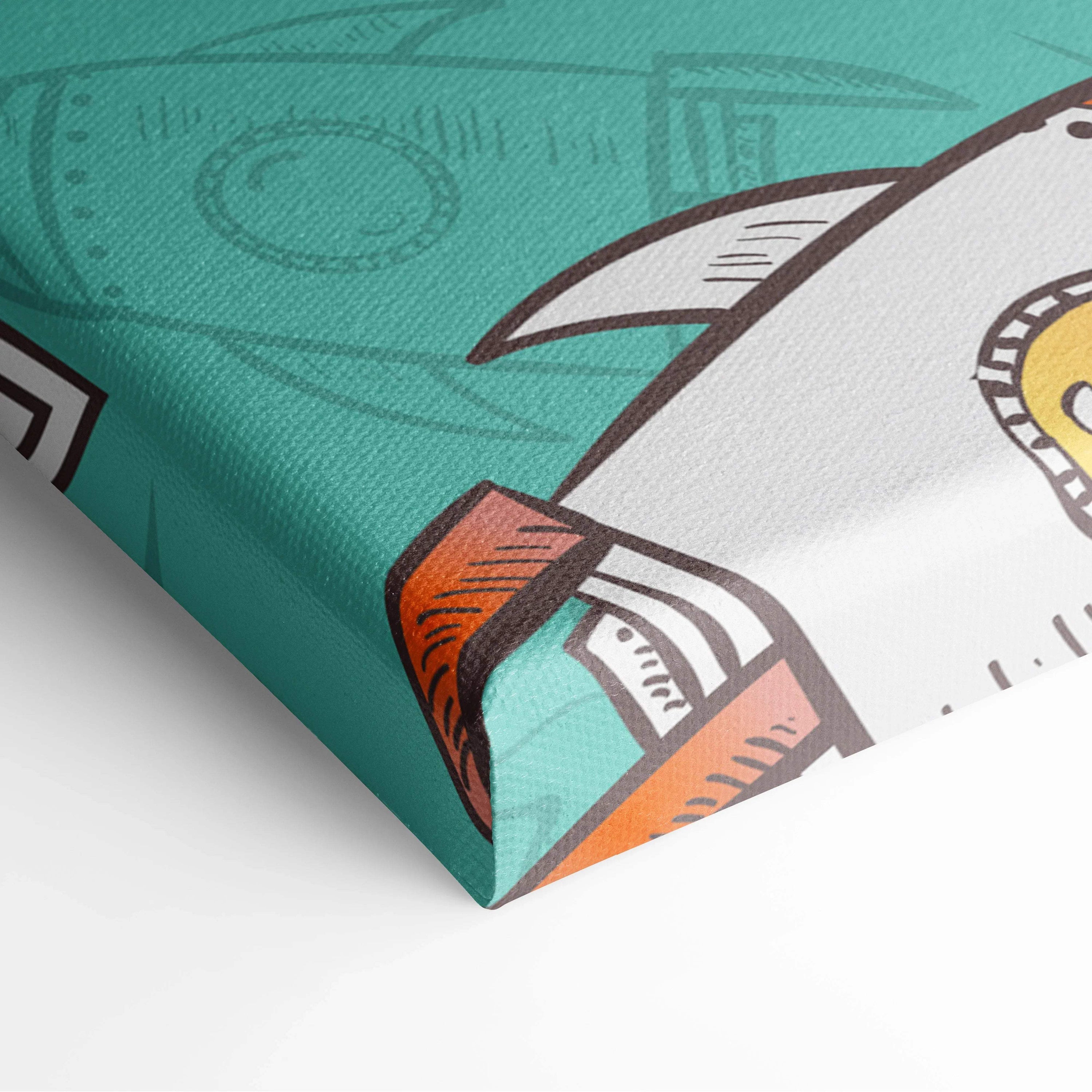 Teal canvas print of cartoon rocket in retro sci-fi space art