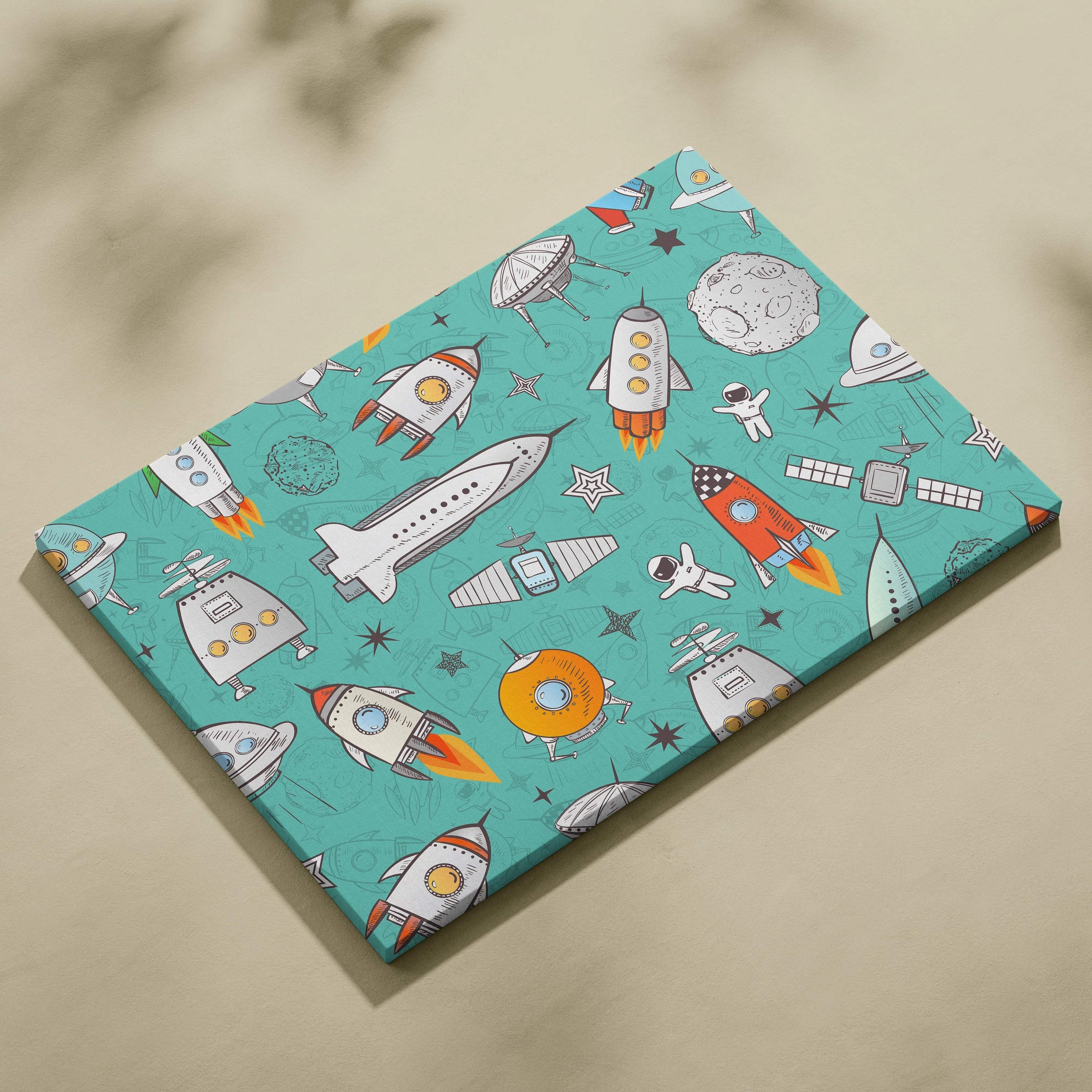 Playful teal space pattern canvas art with rockets, astronauts, UFOs