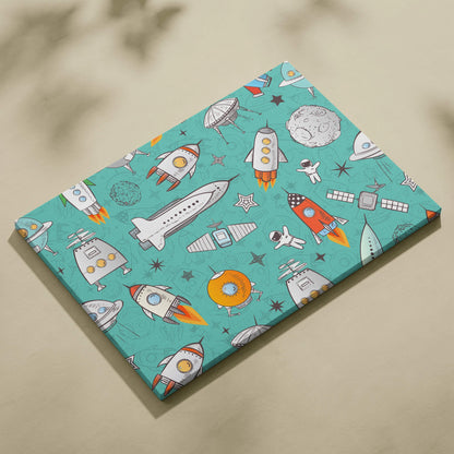 Playful teal space pattern canvas art with rockets, astronauts, UFOs