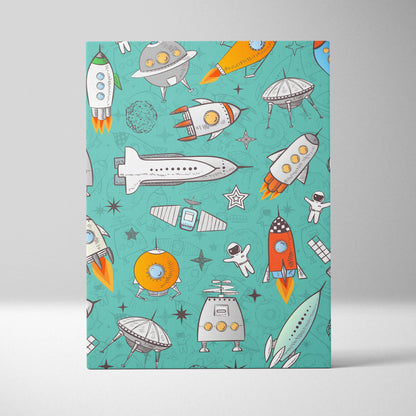 Teal retro space notebook with rockets, astronauts, UFOs canvas art