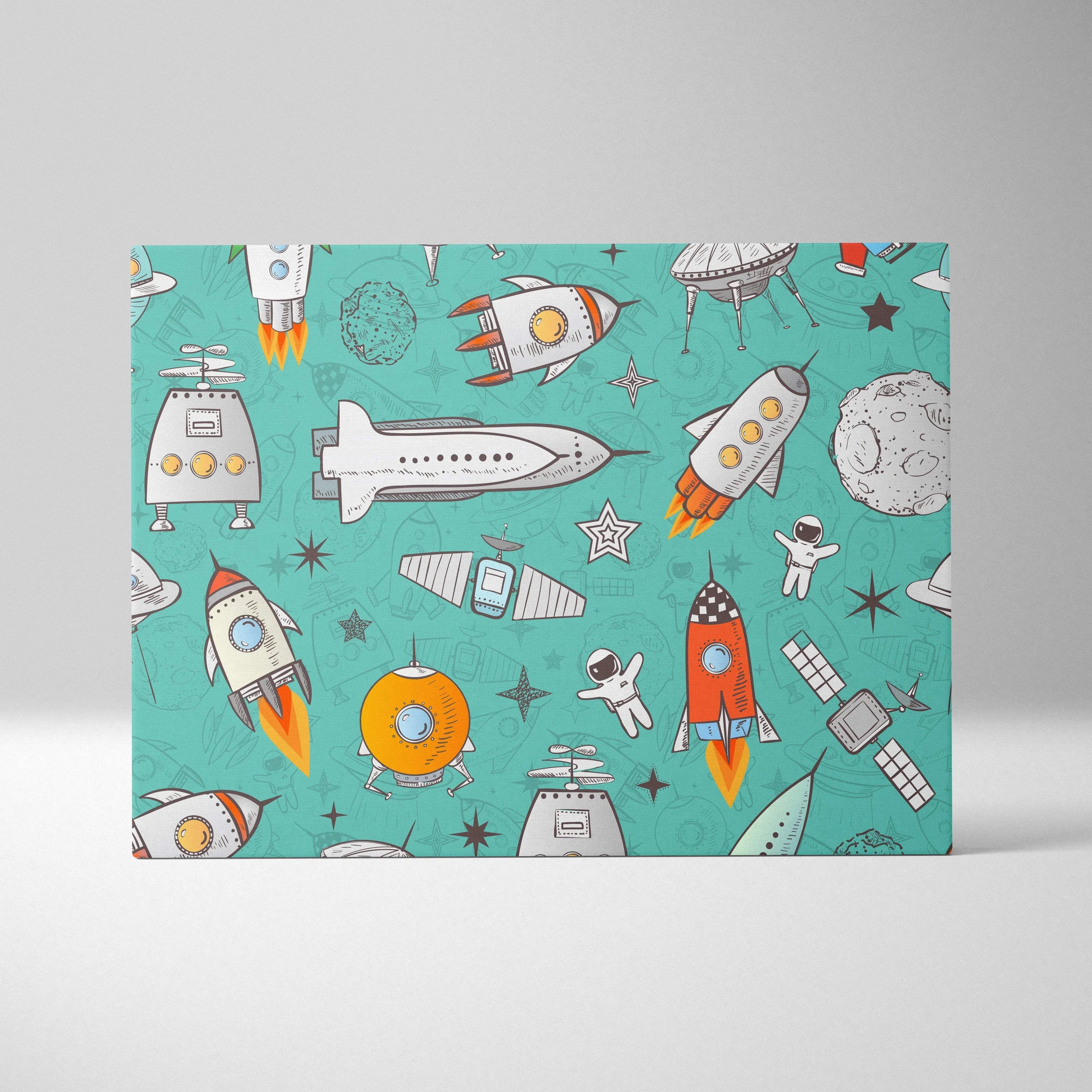 Playful teal orange gray space pattern canvas with rockets astronauts UFOs