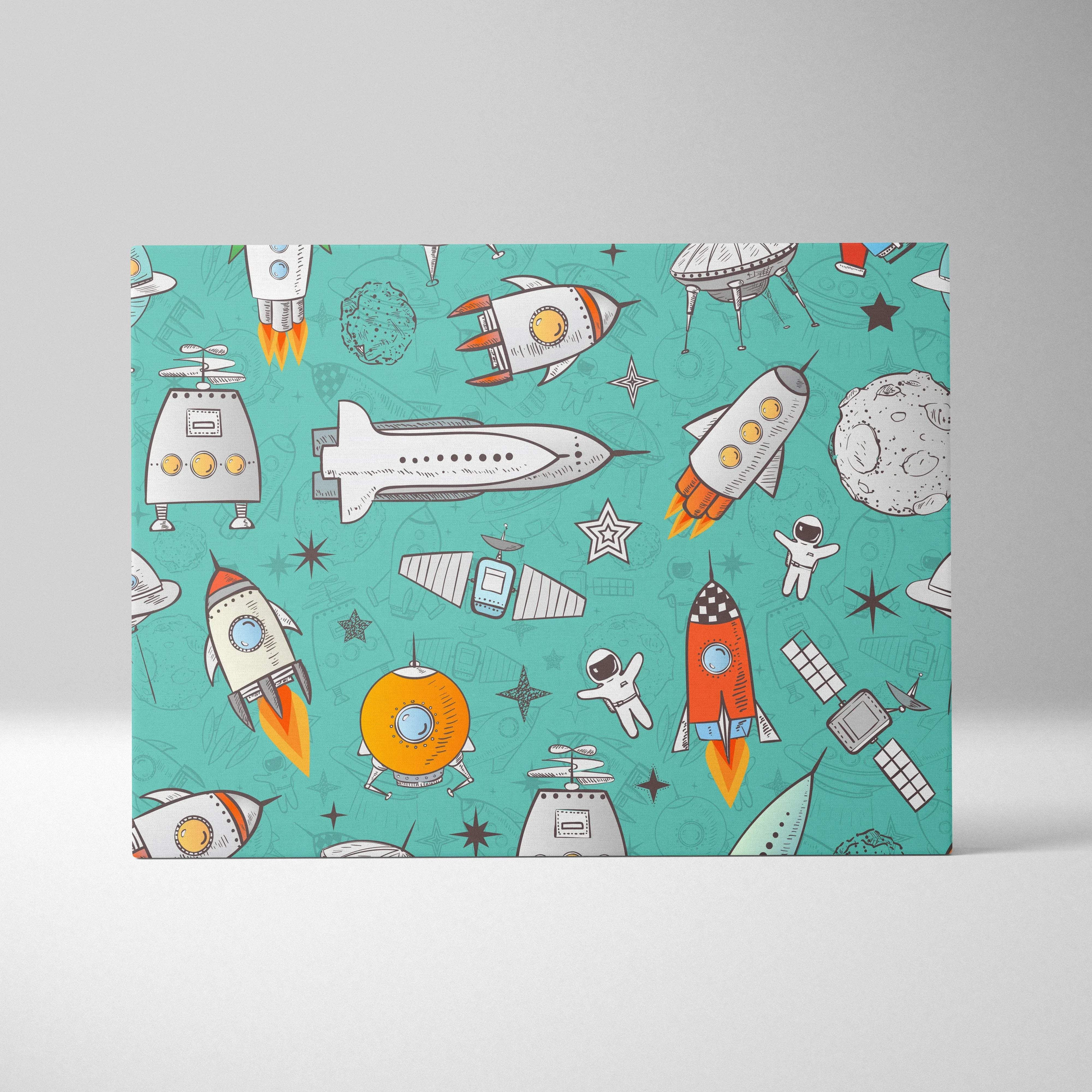 Playful teal orange gray space pattern canvas with rockets astronauts UFOs