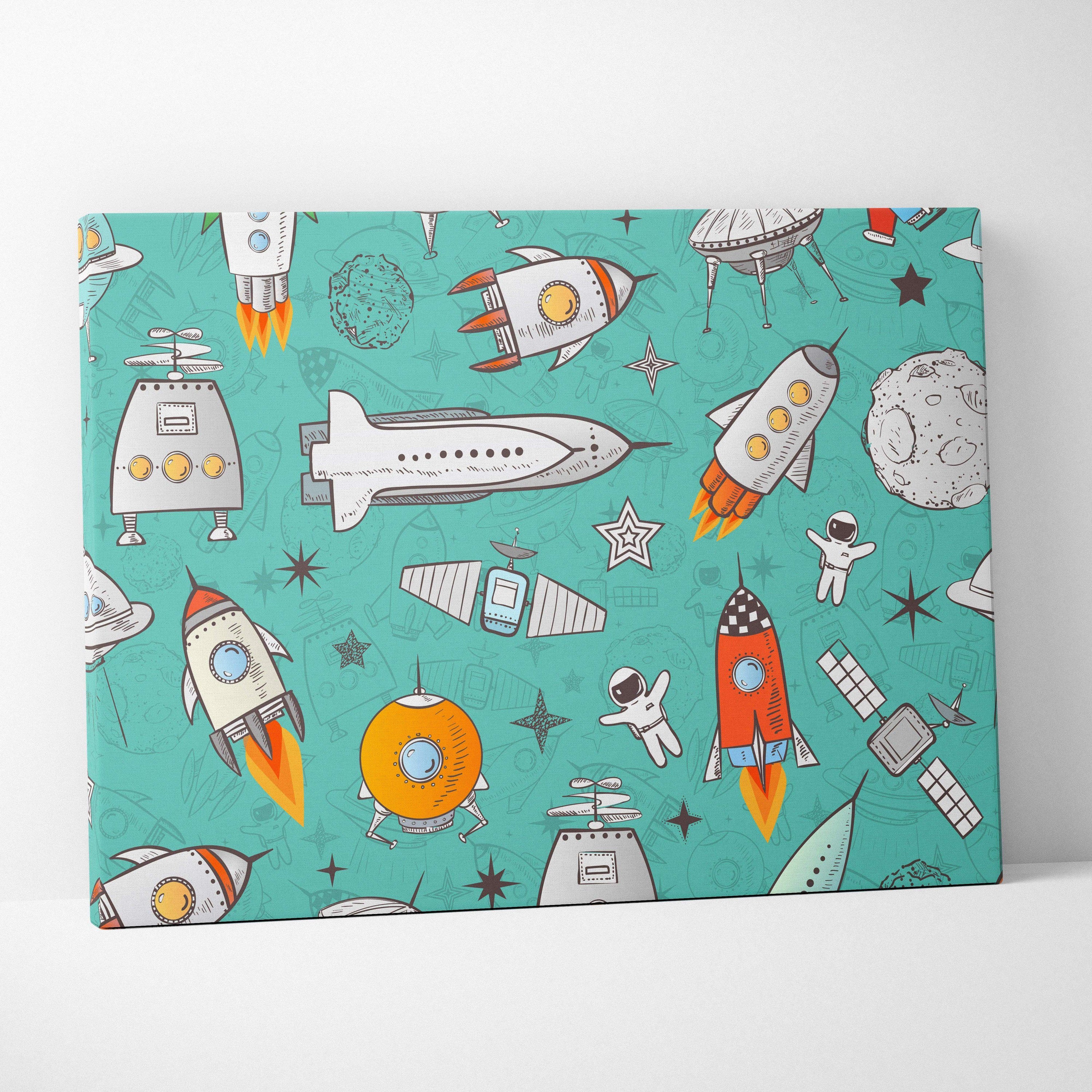 Playful teal orange gray space pattern canvas art with rockets astronauts UFOs
