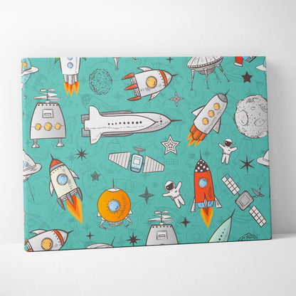 Playful teal orange gray space pattern canvas art with rockets astronauts UFOs