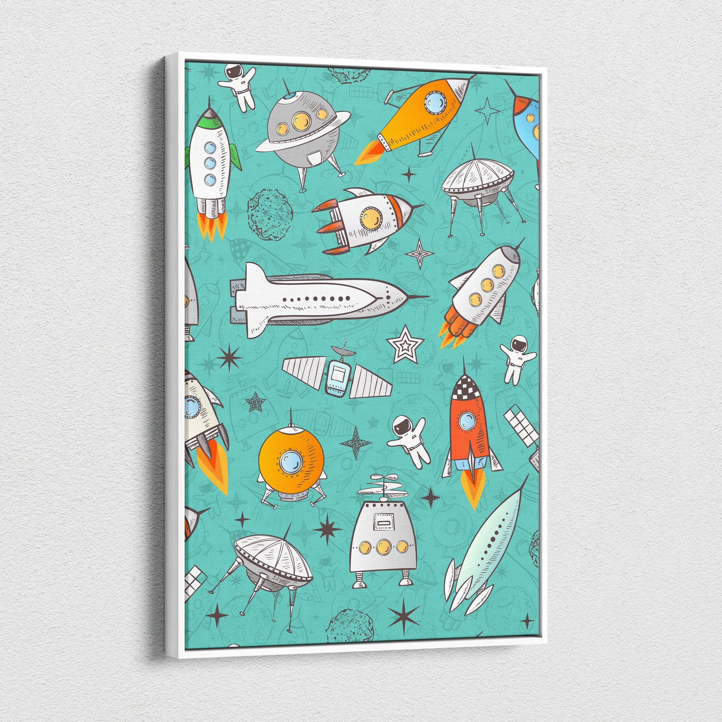 Retro space pattern canvas wall art with rockets, astronauts, UFOs on teal background