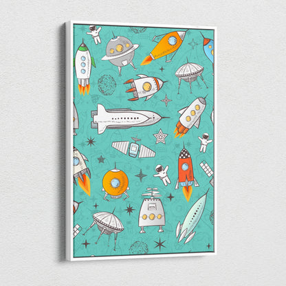 Retro space pattern canvas wall art with rockets, astronauts, UFOs on teal background