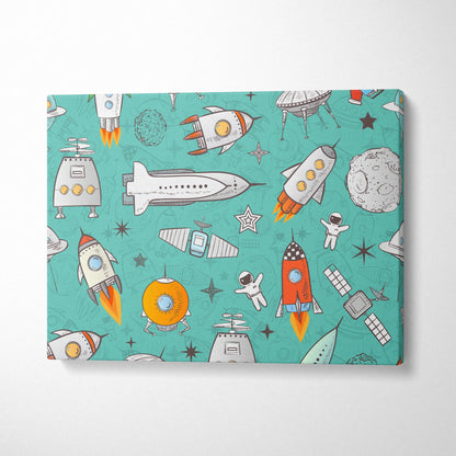 Playful teal space pattern canvas art with rockets, astronauts, UFOs