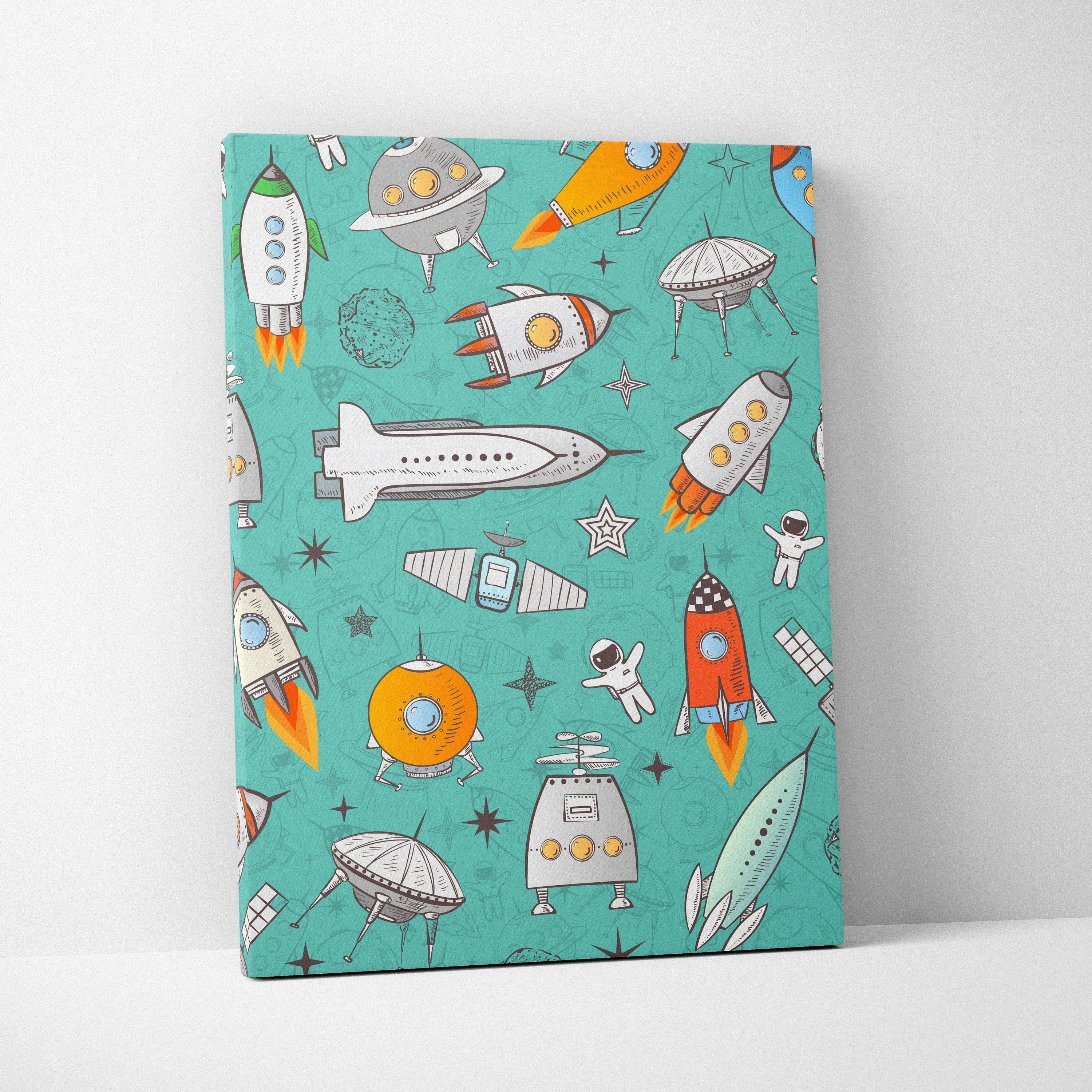 Teal retro space pattern canvas wall art with rockets, UFOs, astronauts, stars