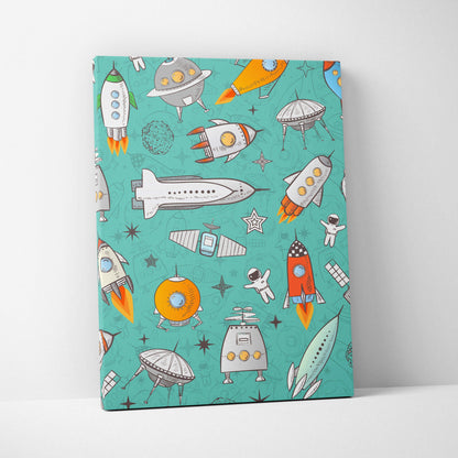 Teal retro space pattern canvas wall art with rockets, UFOs, astronauts, stars