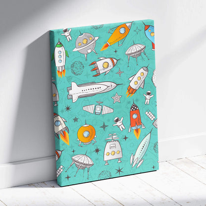 Retro teal canvas print of playful rockets astronauts UFOs pattern
