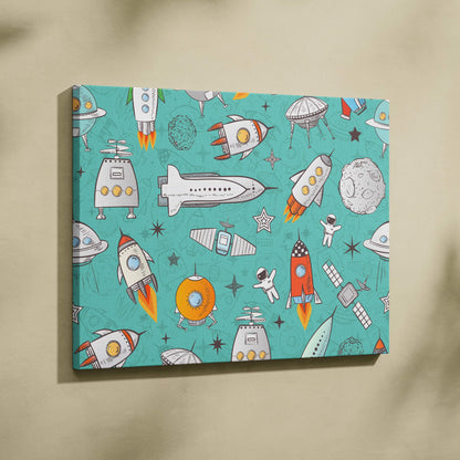 Playful teal orange gray space pattern canvas art with rockets astronauts UFOs