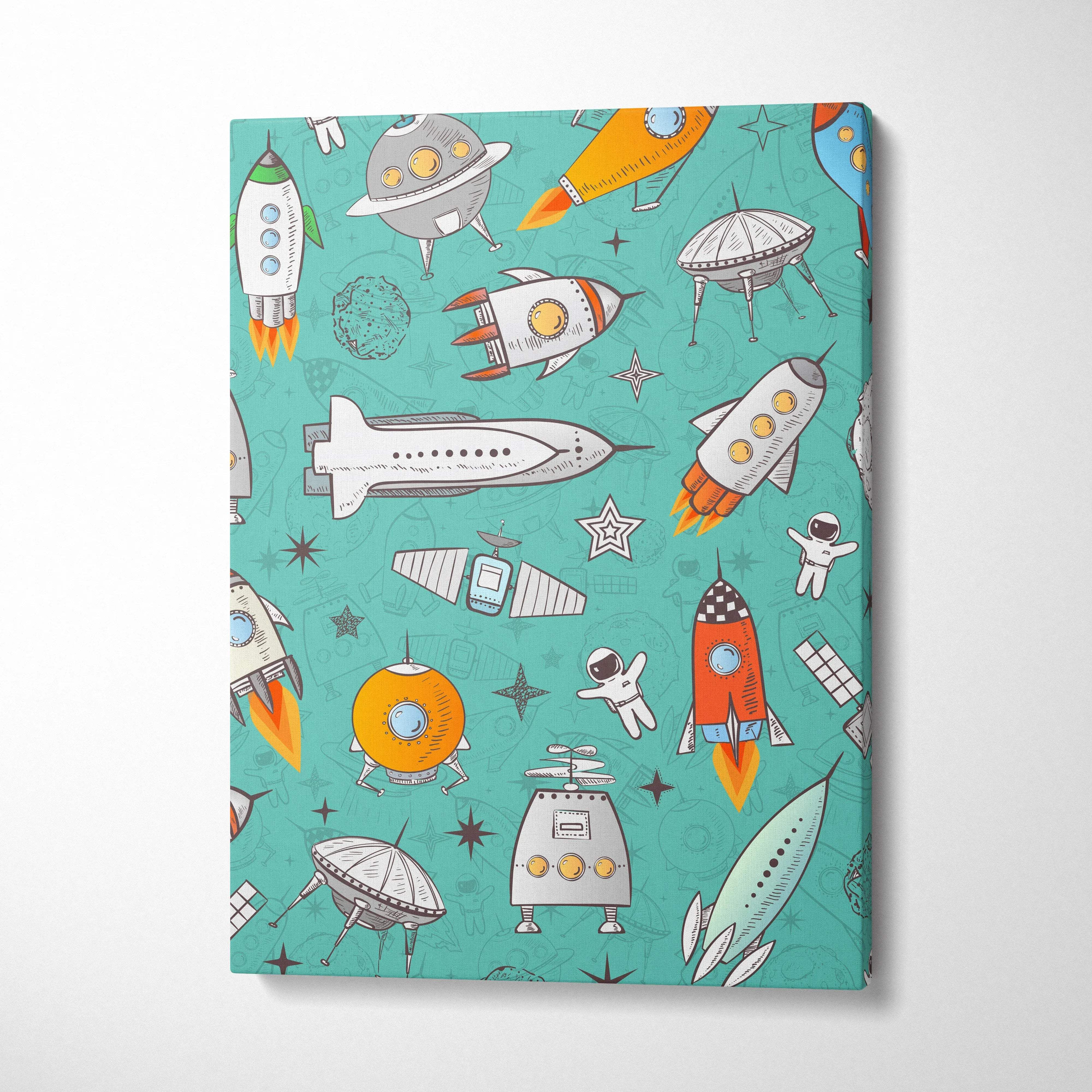Teal retro space canvas print with cartoon rockets, UFOs, astronauts