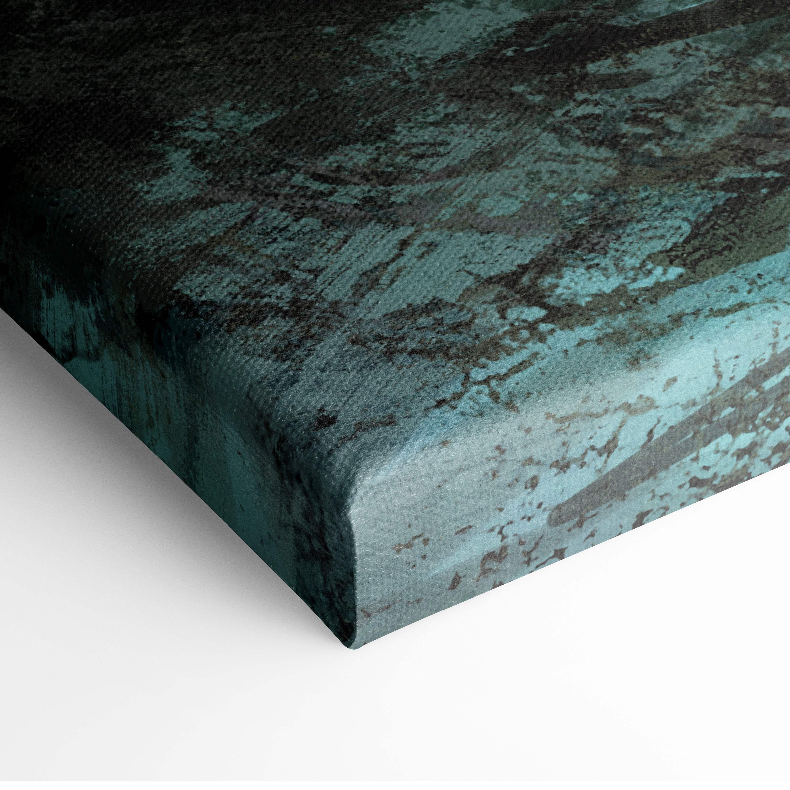 Teal and dark gray distressed canvas print with textured weathered finish depicting female warrior fantasy wall art