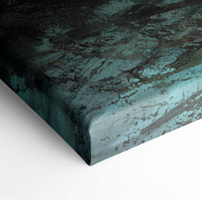 Teal and dark gray distressed canvas print with textured weathered finish depicting female warrior fantasy wall art