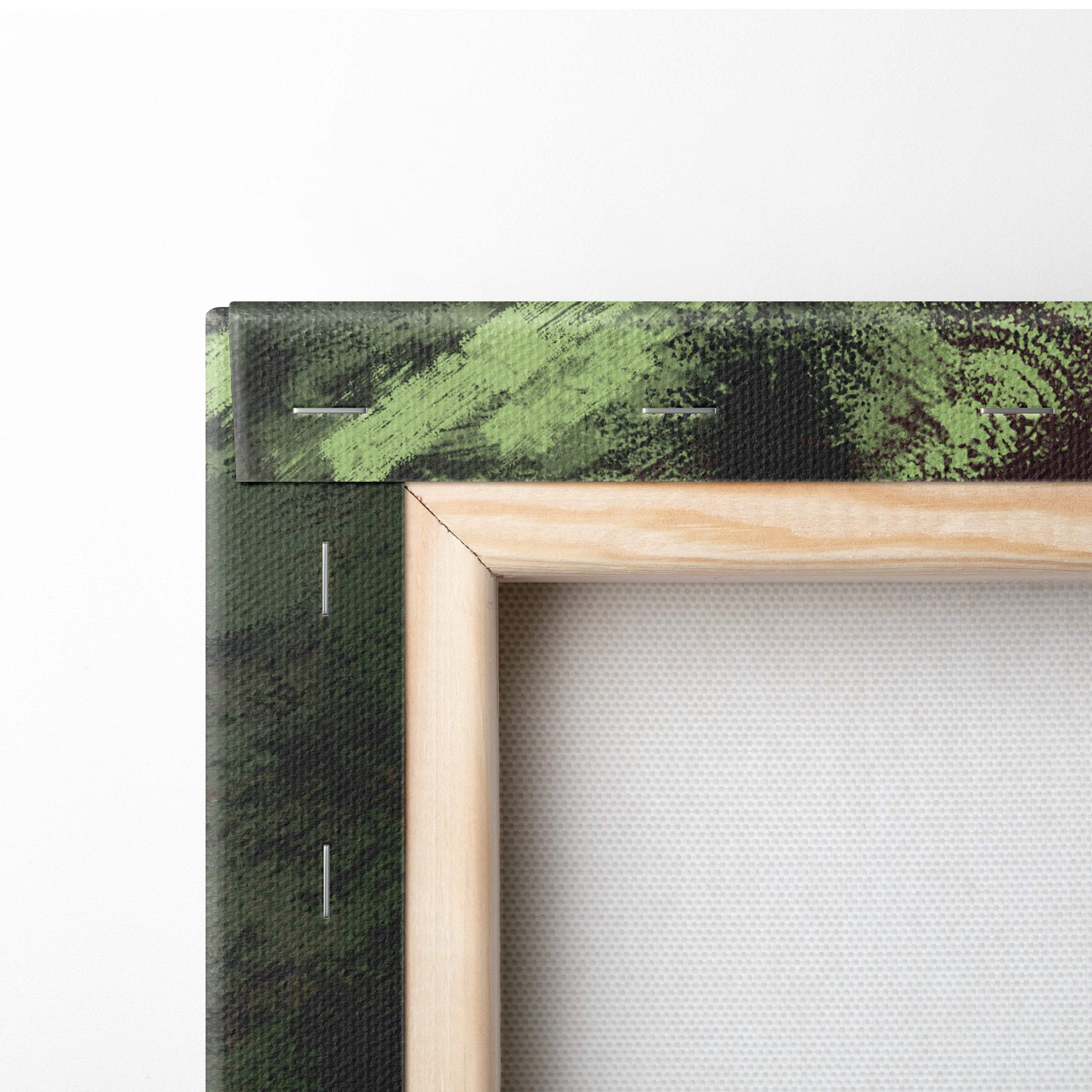Light wood-framed canvas print with textured green and black abstract brushstrokes for medieval fantasy decor
