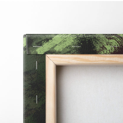 Light wood-framed canvas print with textured green and black abstract brushstrokes for medieval fantasy decor