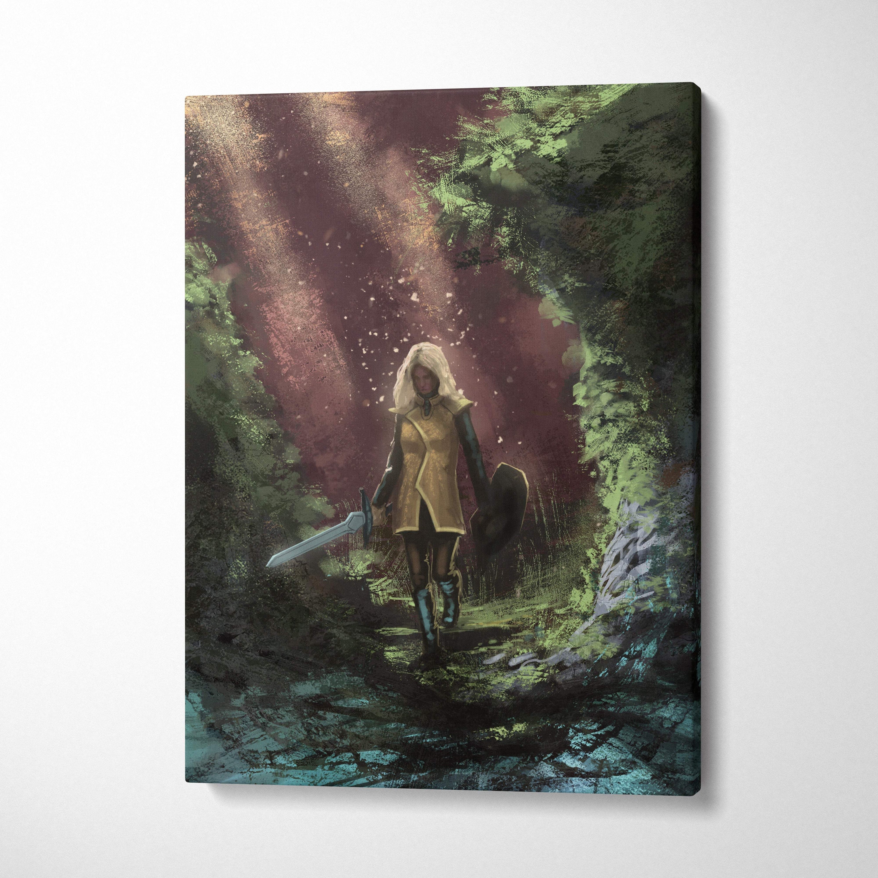 Female warrior fantasy canvas print of hooded figure in golden armor walking through dark green mystical forest with light beams