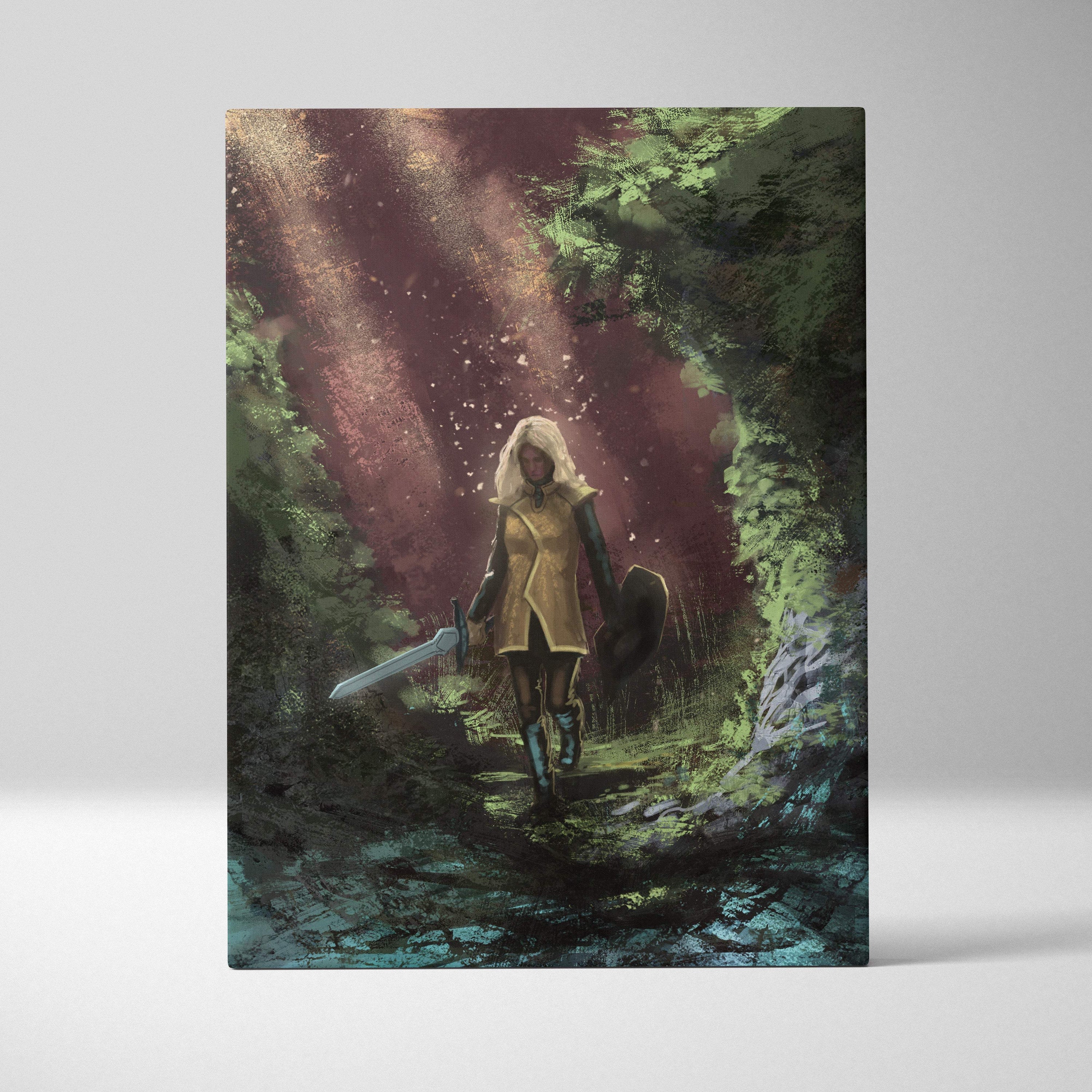 Female warrior fantasy canvas print showing a golden armored warrior in a dark green forest with radiant light beams