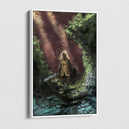 A framed female warrior fantasy canvas print featuring blonde warrior in golden armor with sword and shield in dark green forest
