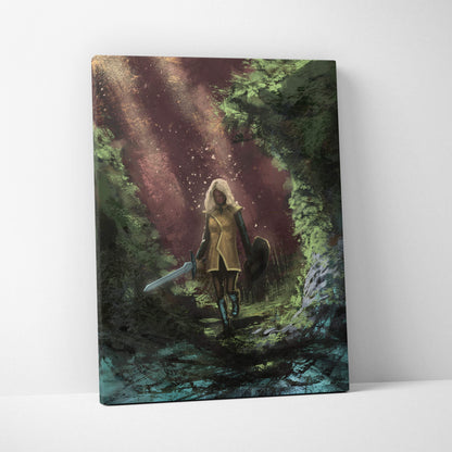 Female warrior fantasy canvas print of a hooded figure in golden armor with sword in a dark green mystical forest background