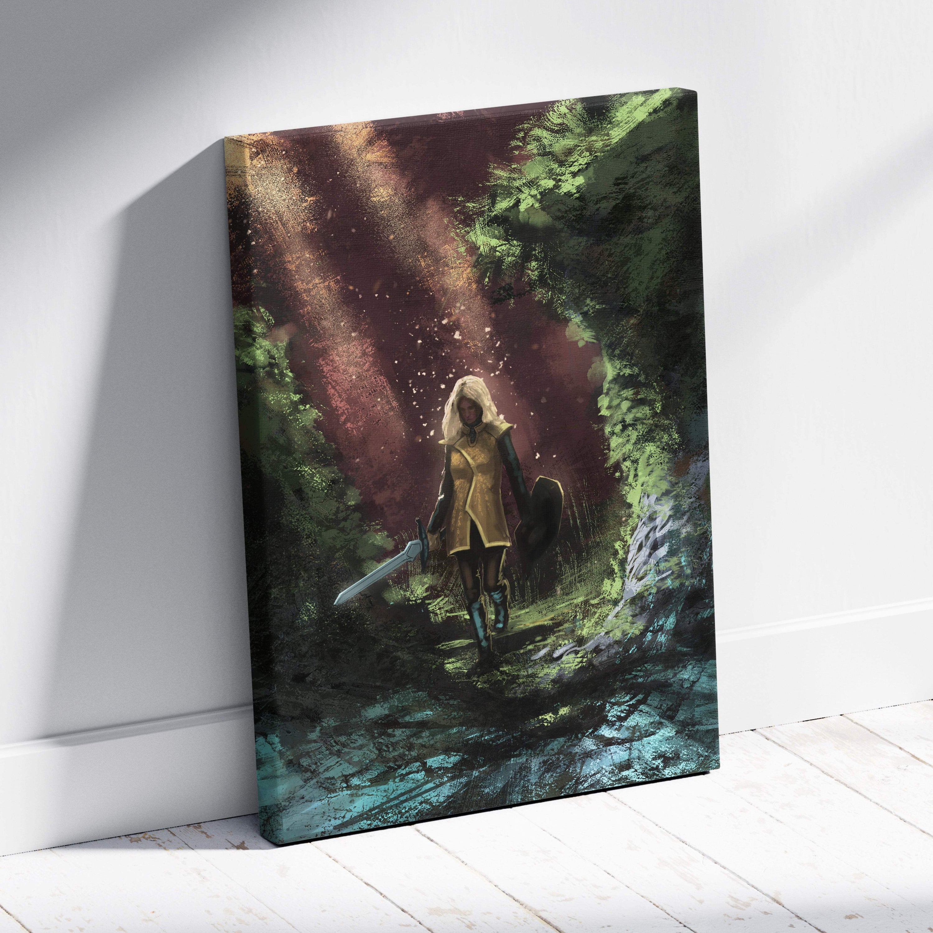 Female warrior fantasy rectangular canvas print of a hooded figure in golden armor with sword and shield in a dark green forest