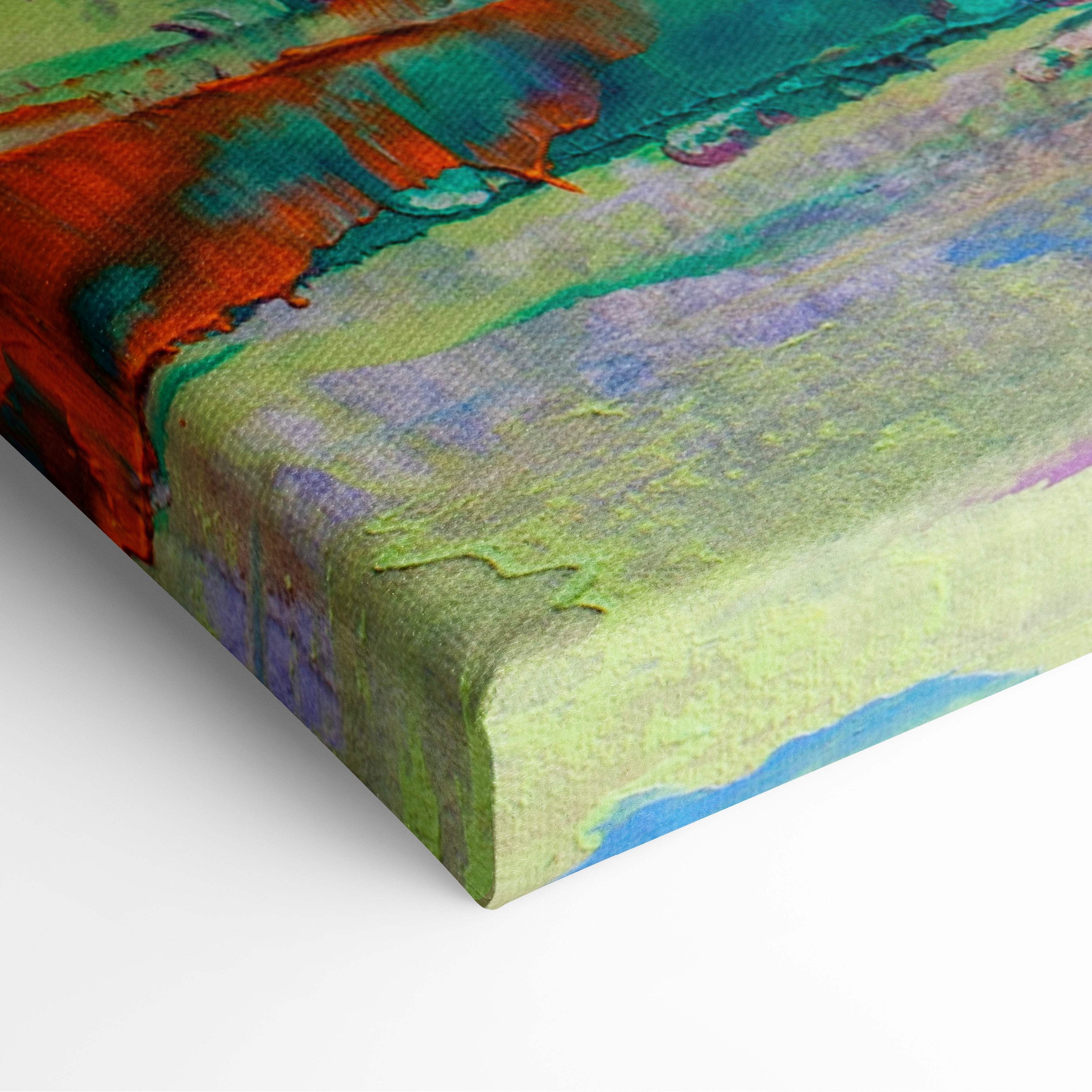 Abstract landscape painting style wall art with vibrant reds greens purples and blues on textured linen canvas