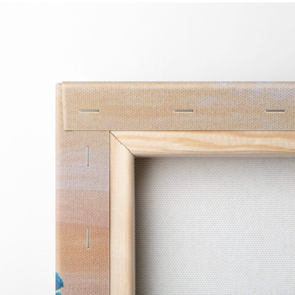 Back view of light wood-framed canvas with beige textured stretcher bar and stitching for abstract landscape wall art
