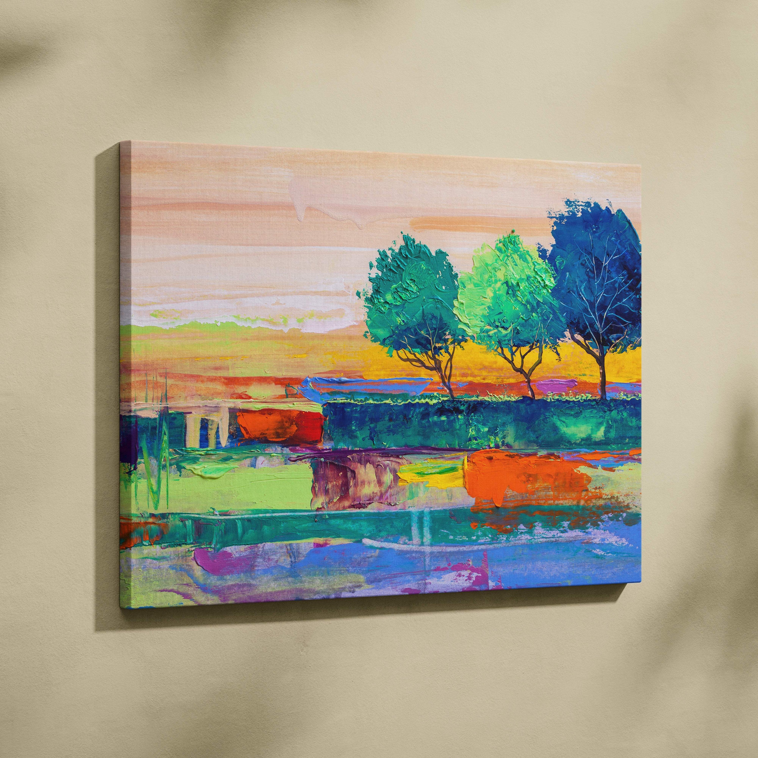 Abstract landscape painting style wall art featuring bold teal orange and blue trees on a vibrant sunset canvas print