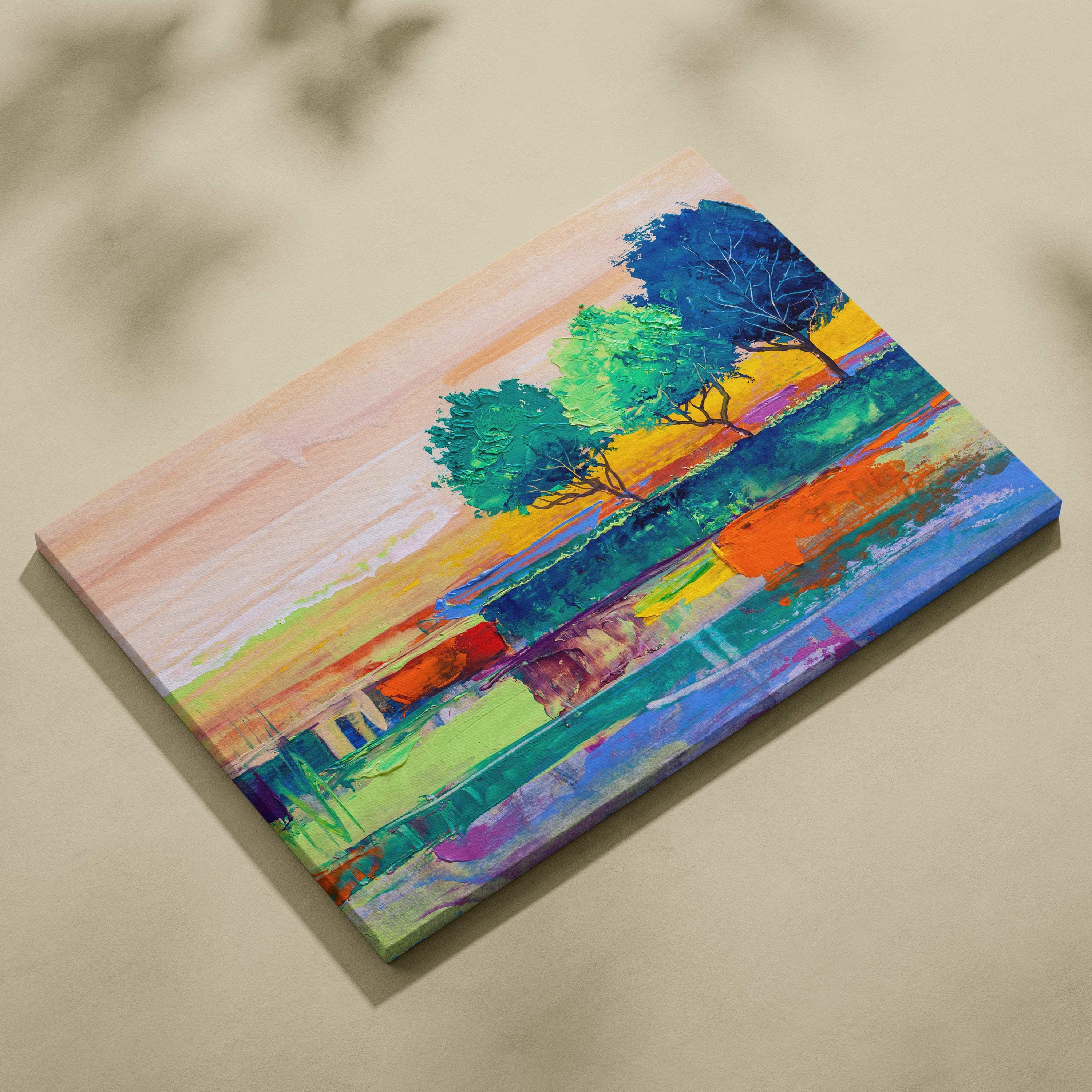 Abstract landscape painting style wall art with colorful blue green orange and purple trees on vibrant sunset canvas