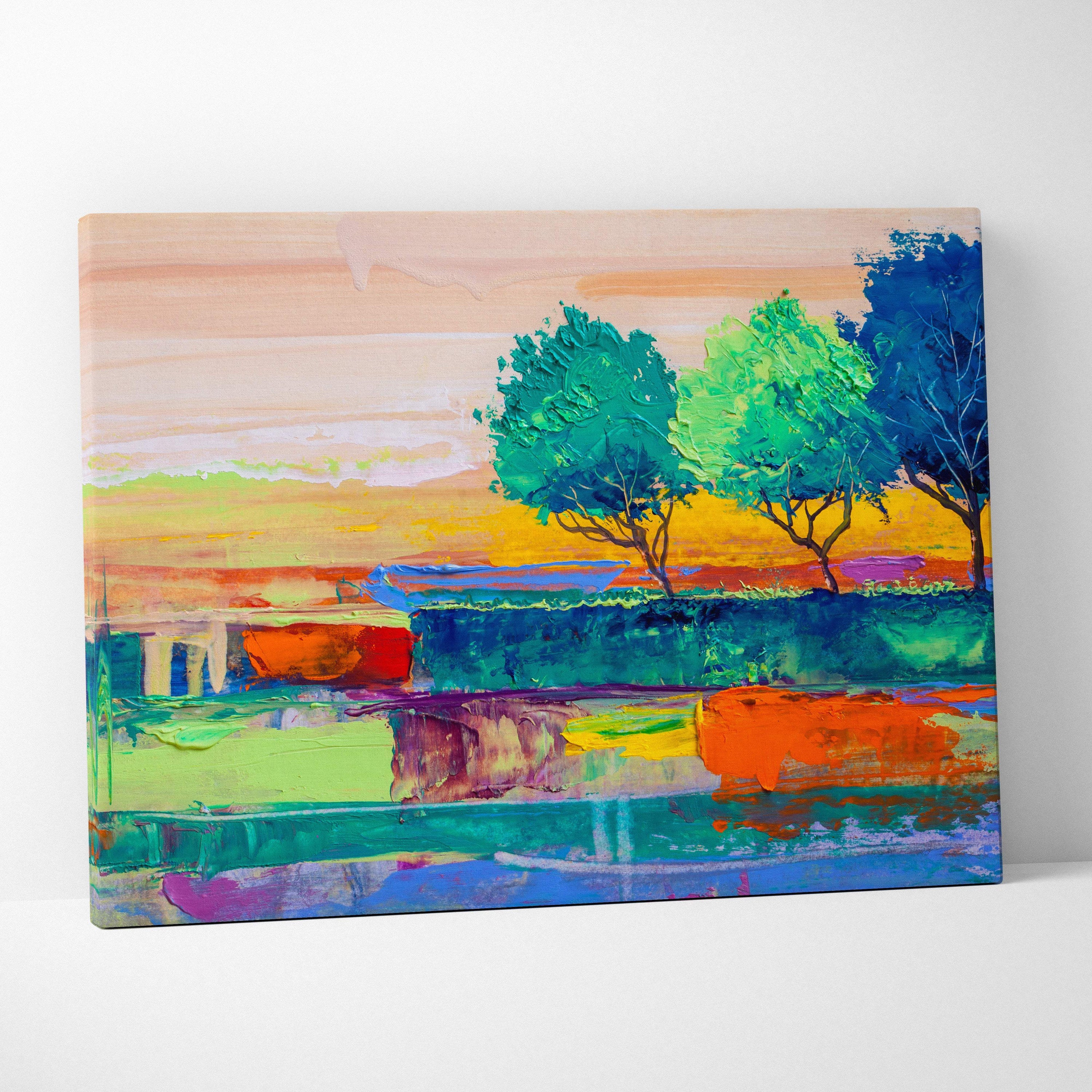 Abstract landscape painting style wall art featuring vibrant teal orange and blue trees on a modern impressionist canvas print