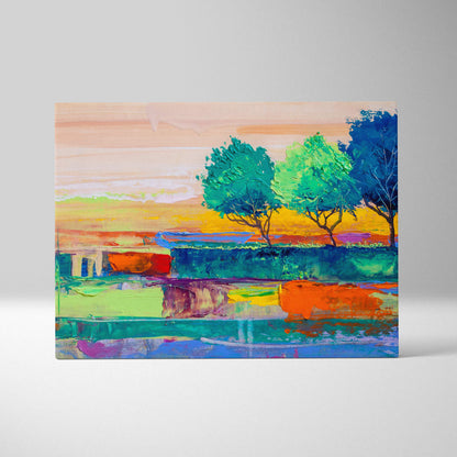 Abstract landscape painting style wall art with vibrant teal orange and blue strokes and three stylized trees at sunset