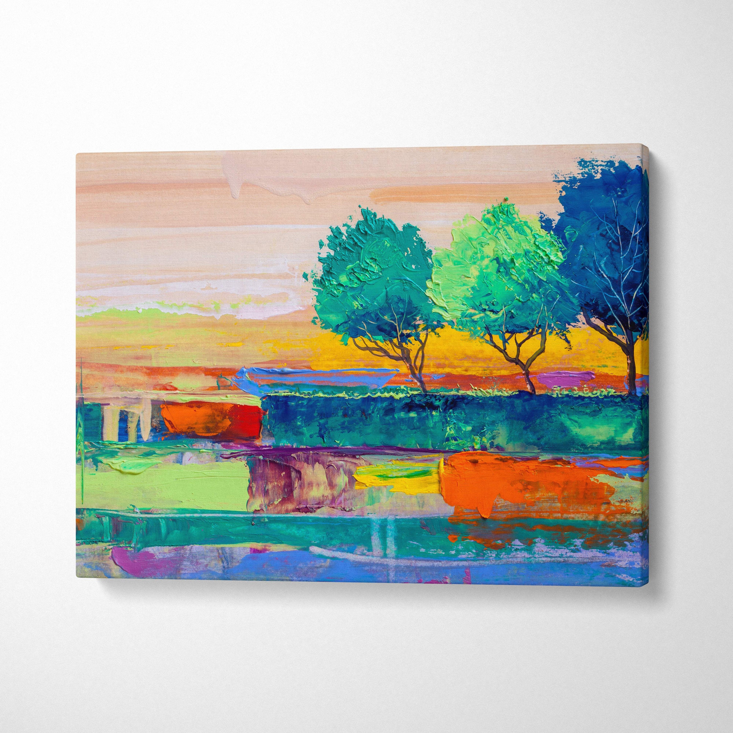 Abstract landscape painting style wall art with bold teal green orange and blue brushstrokes of trees and sunset sky reflection