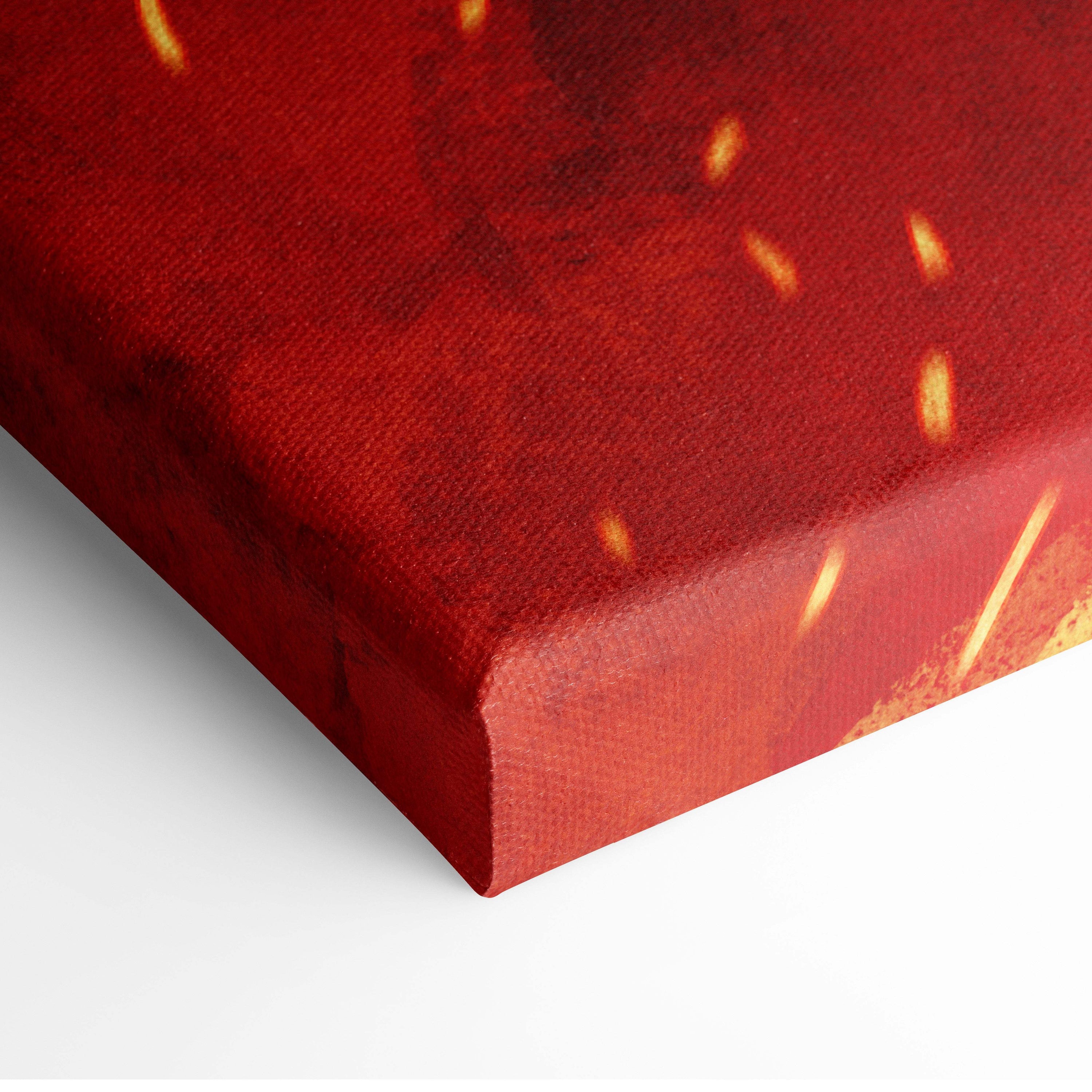 Vibrant red canvas wall art featuring a textured fiery design with glowing orange sparks for gothic gaming decor