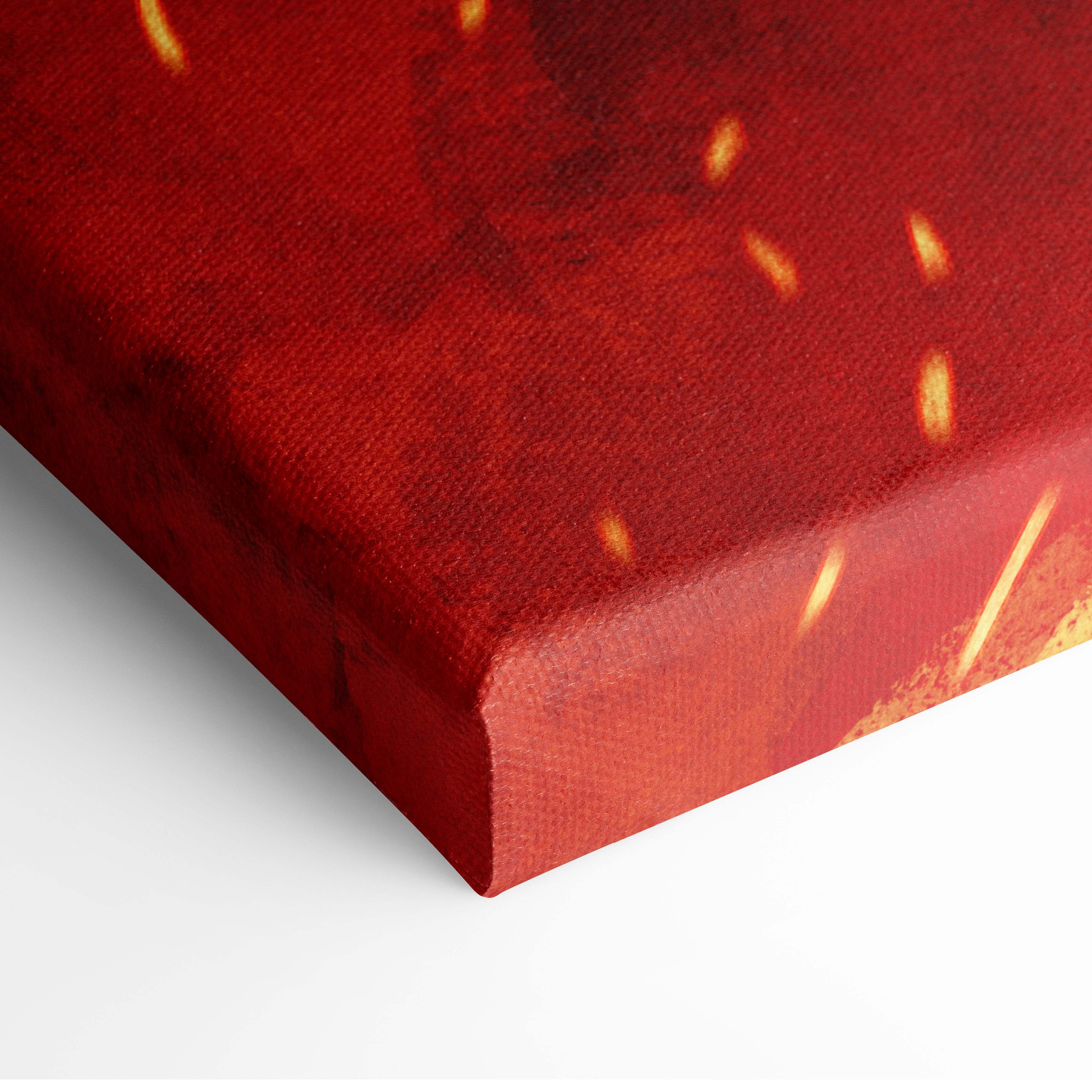 Vibrant red canvas wall art featuring a textured fiery design with glowing orange sparks for gothic gaming decor
