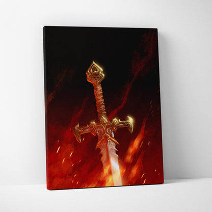 Golden ornate sword canvas print with fiery red and black background for dark gothic gaming and man cave decor