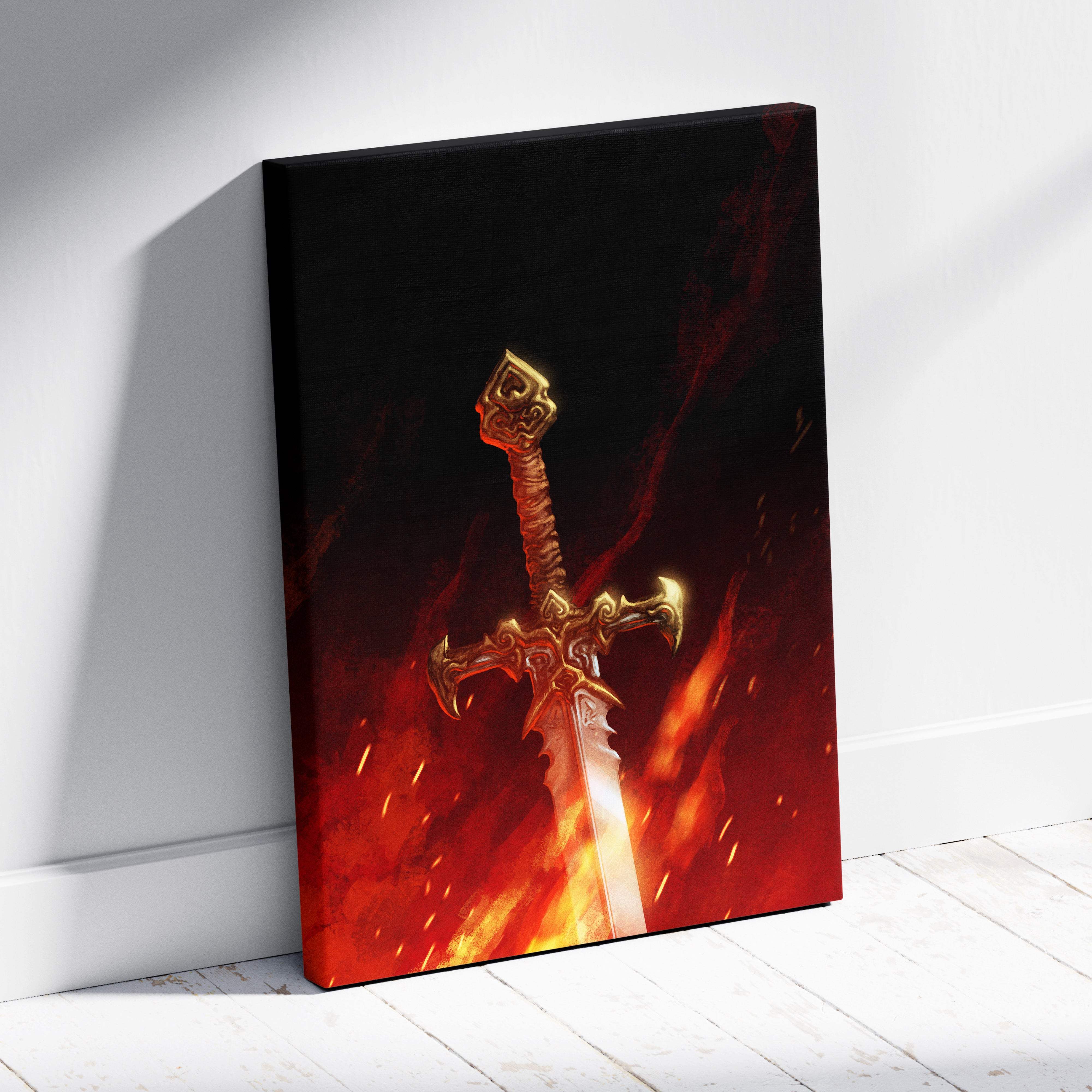A canvas print of a golden sword emerging from red and orange flames for dark gothic gaming decor
