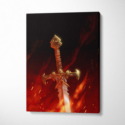 Golden ornate sword canvas wall art with intricate details on fiery red and black background for gothic gaming decor