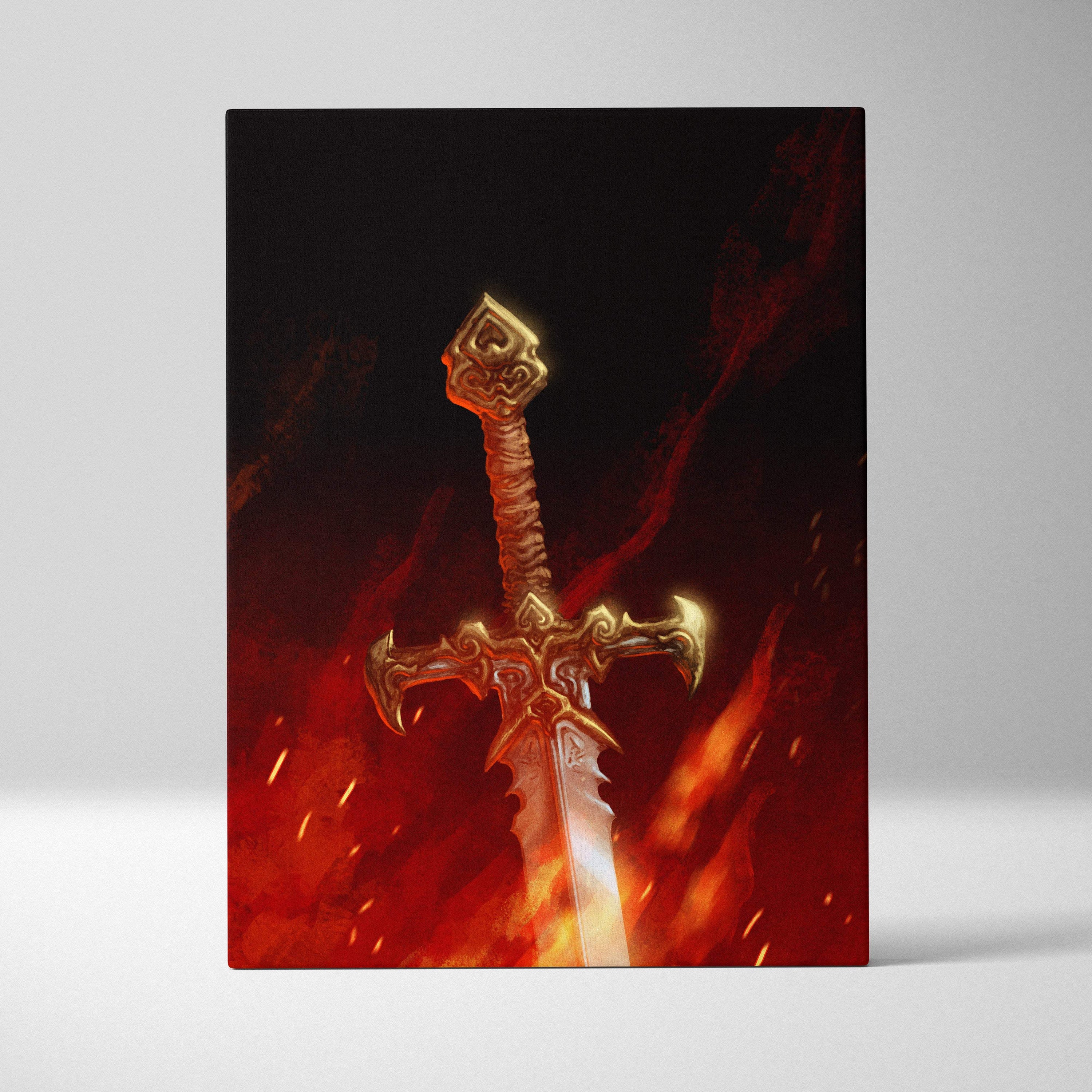 Golden ornate sword with intricate detailing on a fiery red and black background red black fantasy sword wall art