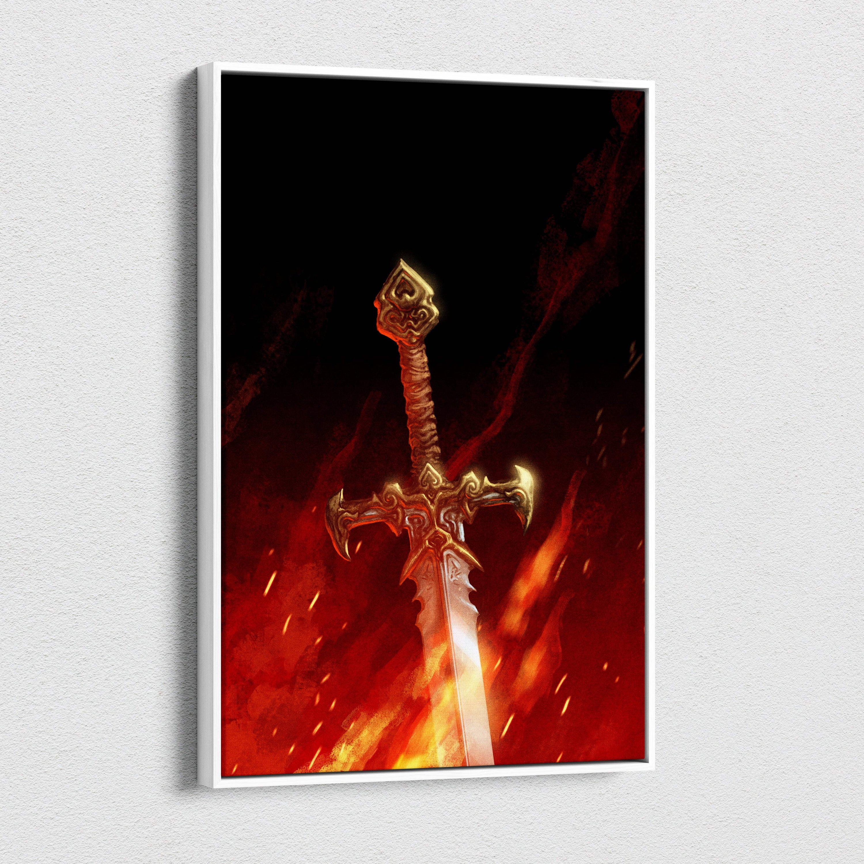 A framed canvas artwork featuring an ornate golden sword with intricate details on a fiery red and black background